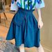 2025 New Oil Painting Blue Short Sleeve T-shirt Women Korean Style Irregular A-line Puffy Half Skirt Set_ecoleips.com