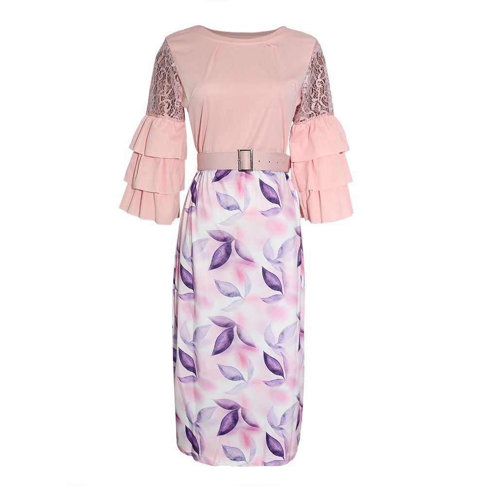 Women's Clothing Elegant Lace Trim Floral Print Bodycon Dress – Plus Size A-Line Midi Dress For Women (Pink/Yellow/Green)_ecoleips.com