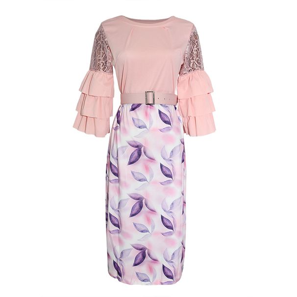 Women's Clothing Elegant Lace Trim Floral Print Bodycon Dress – Plus Size A-Line Midi Dress For Women (Pink/Yellow/Green)_ecoleips.com