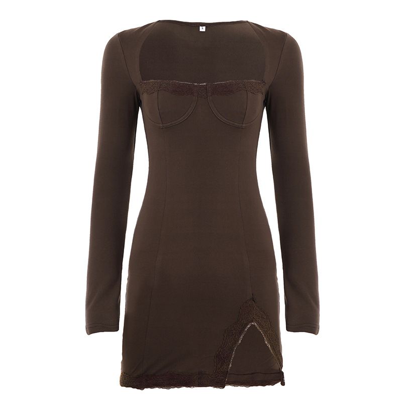 European And American Sexy Hot Girl Style Slim-fit Lace With Slit, Square Neck, Solid Color, Long Sleeves, Bodycon Dress_ecoleips.com