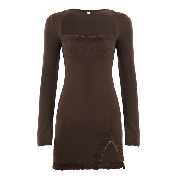 European And American Sexy Hot Girl Style Slim-fit Lace With Slit, Square Neck, Solid Color, Long Sleeves, Bodycon Dress_ecoleips.com
