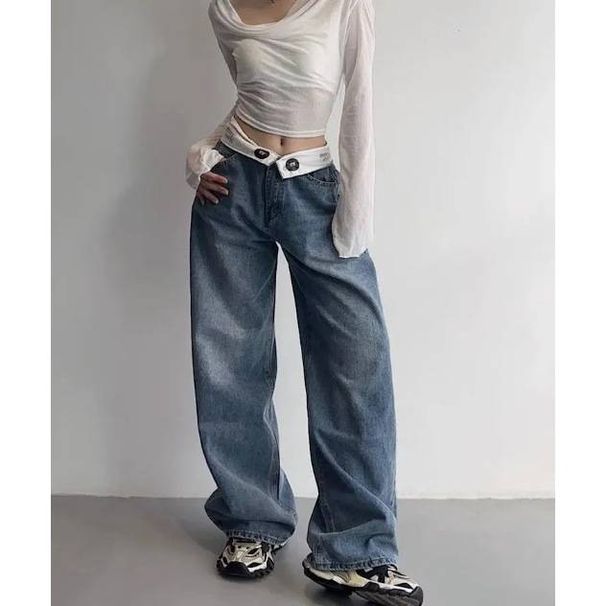 Women's Clothing Waist Jeans Retro Niche Design Loose Wide Leg Pants Simple Casual Straight Pants_ecoleips.com