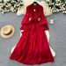 Women's Clothing Elegant A-Line Dress With Rhinestone Accents – Long Sleeve Tie-Waist Pleated Midi Dress (Blue/Brown/Green/Red/Black, One Size)_ecoleips.com