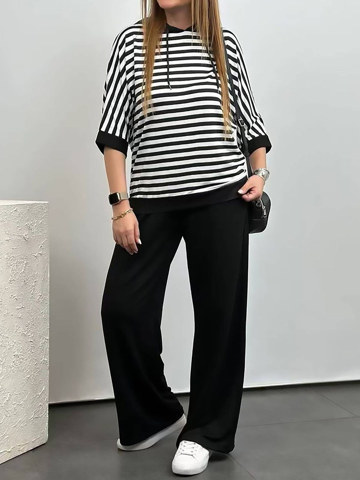 Women's Clothing Striped Mid-Sleeve Hooded Sweatshirt & Solid Color Slimming Straight Leg Trousers Two Piece Set Casual Spring/Autumn Summer Outfit_ecoleips.com