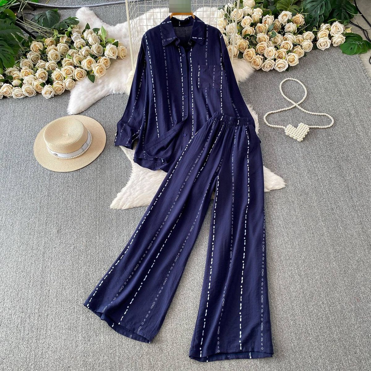 Women's French Style Breathable Loose Cardigan And Striped High Waisted Wide Leg Pants Two Piece Set Summer Commuter Friendly Sun Protective Jacket_ecoleips.com