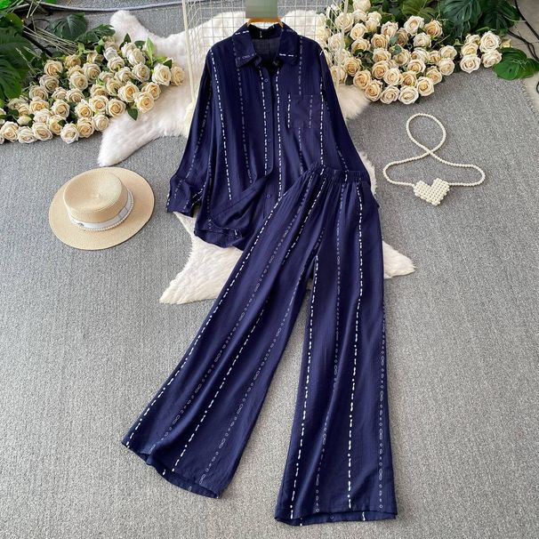 Women's French Style Breathable Loose Cardigan And Striped High Waisted Wide Leg Pants Two Piece Set Summer Commuter Friendly Sun Protective Jacket_ecoleips.com