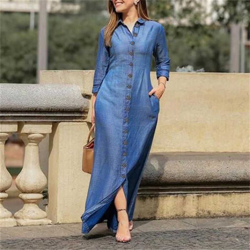 Women's Clothing Women's Long Sleeve Lapel Cardigan European American Style Solid Color Denim Dress Elegant Fashion Neutral Design_ecoleips.com