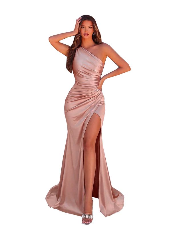 TW898 Women's One Shoulder Asymmetrical Neckline Slim Fit Bodycon Long Dress Pleated Satin Elegant And Sophisticated European American Style Cross Border_ecoleips.com
