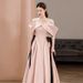 Pink Satin off the Shoulder French Style Evening Gown Elegant Sophisticated Bridal Toast Dress Summer Style Women's Clothing Wedding Party Wear_ecoleips.com
