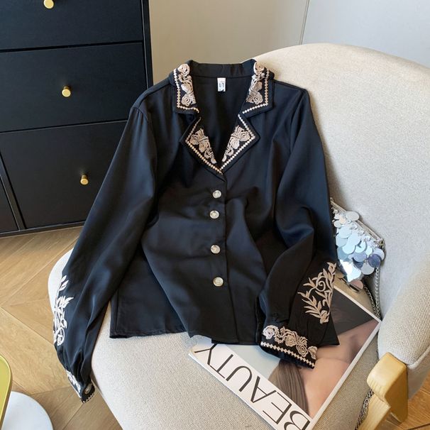 Women's Clothing Early Autumn New Suit Collar Temperament Heavy Embroidery Long Sleeved Chiffon Shirt Women's Tops_ecoleips.com