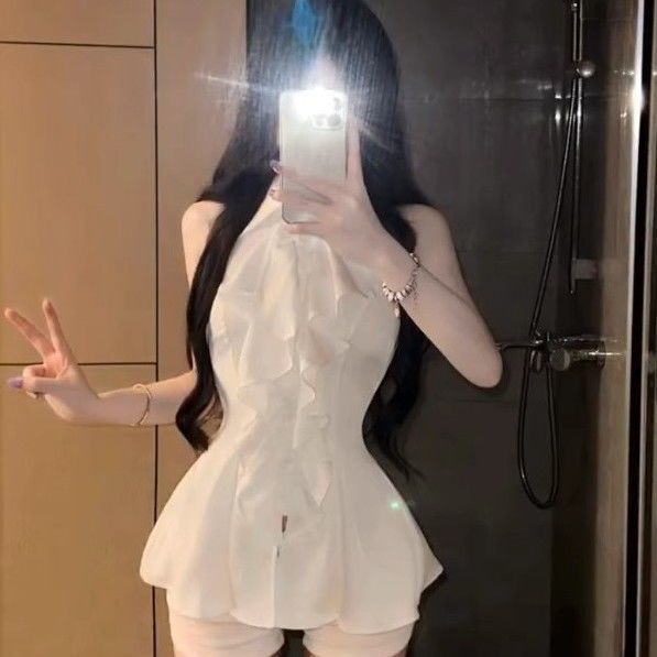 2026 Summer New Trendy Unique Polo Collar Sleeveless Shirt, Solid Color Ruffle Trim Slim Fit Top_ecoleips.com