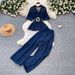 Women's Clothing Two Piece Women's Summer Pants Set Studded Waist Cinching Top High-Waisted Wide Leg Pants Relaxed Style_ecoleips.com