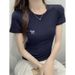 Bow Embroidered Short-sleeved T-shirt Summer New Slim-fitting Front Shoulder Sweet And Spicy Round Neck Bottoming Top_ecoleips.com