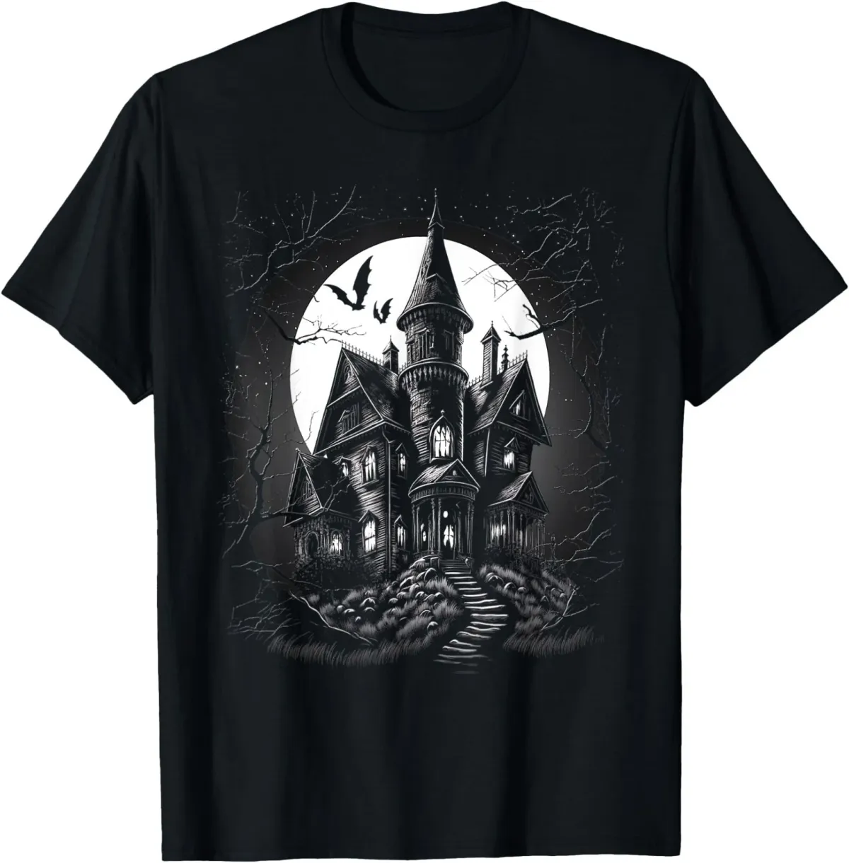 Women's T-Shirts Creepy Haunted Home Hill On A Halloween Moonlit Night T-Shirt_ecoleips.com