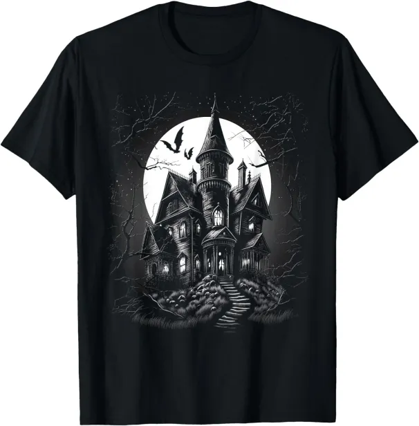 Women's T-Shirts Creepy Haunted Home Hill On A Halloween Moonlit Night T-Shirt_ecoleips.com