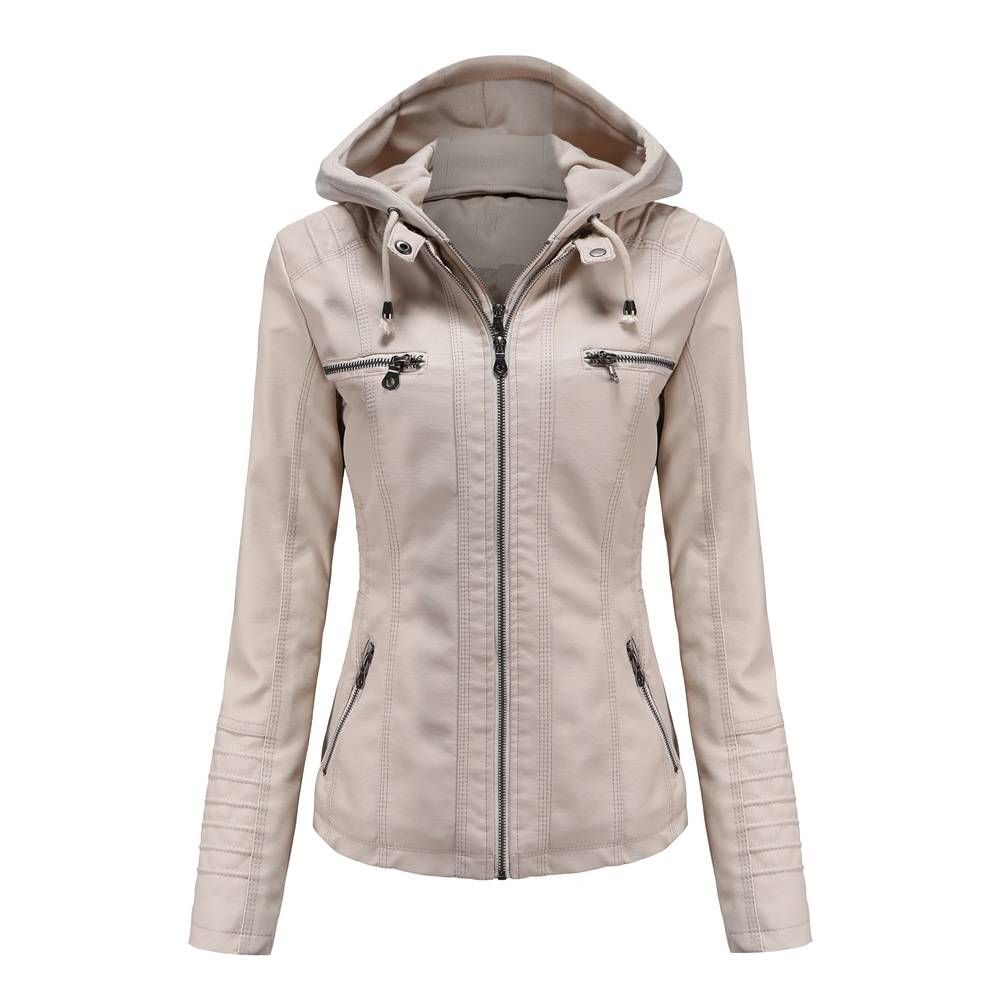 Hooded leather jacket two-piece set can remove oversize leather jacket female PU washed leather_ecoleips.com