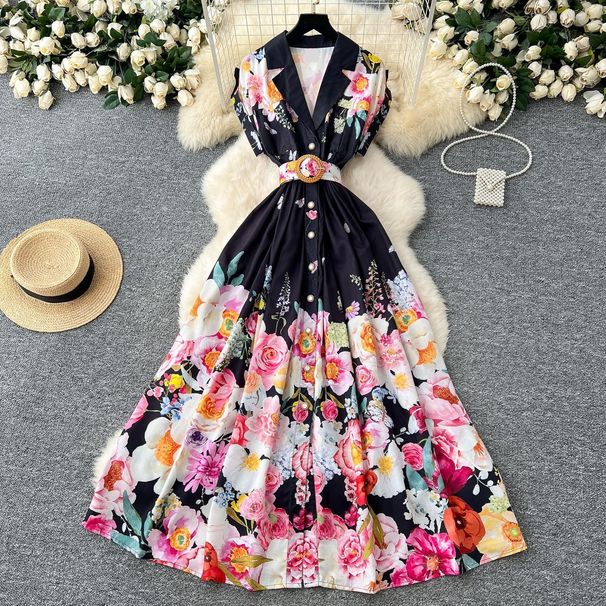 Women's Clothing Palace Style Retro Collar Dress Socialite Waist Single-breasted Printed Dress_ecoleips.com