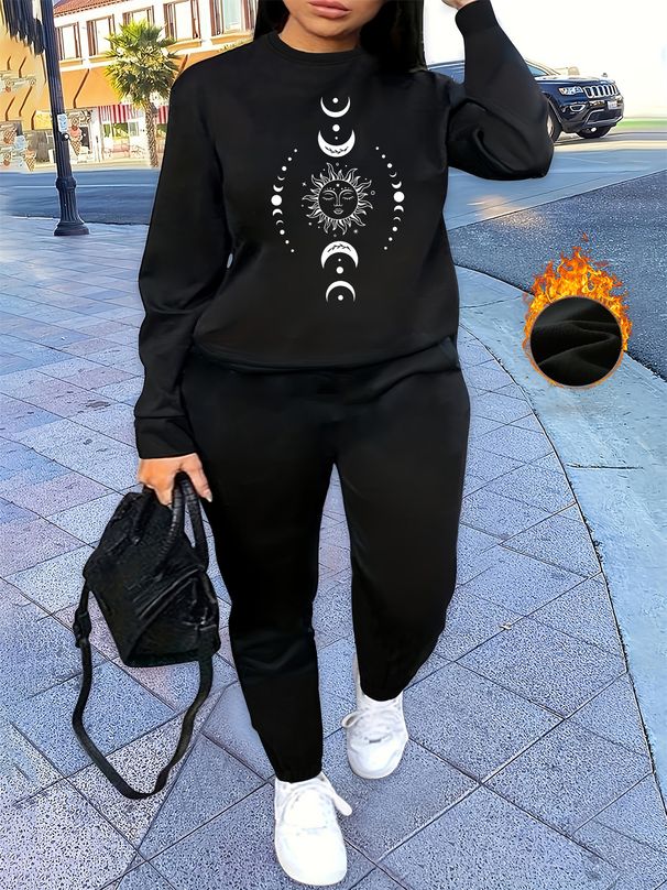 Women's Autumn And Winter Hip-hop Casual Street Sun And Moon Pattern Printed Round Neck Sports Shirt+sports Pants Set-548_ecoleips.com