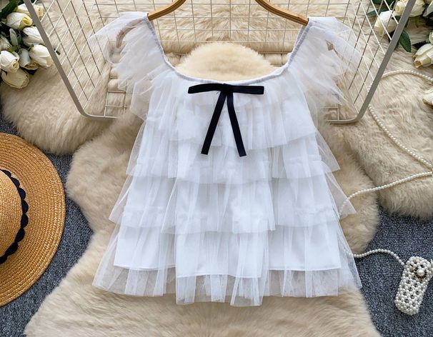 Sweet Bow Multi Layered Mesh Shirt Korean Style Women's Fashionable Youthful Short Sleeved Top_ecoleips.com