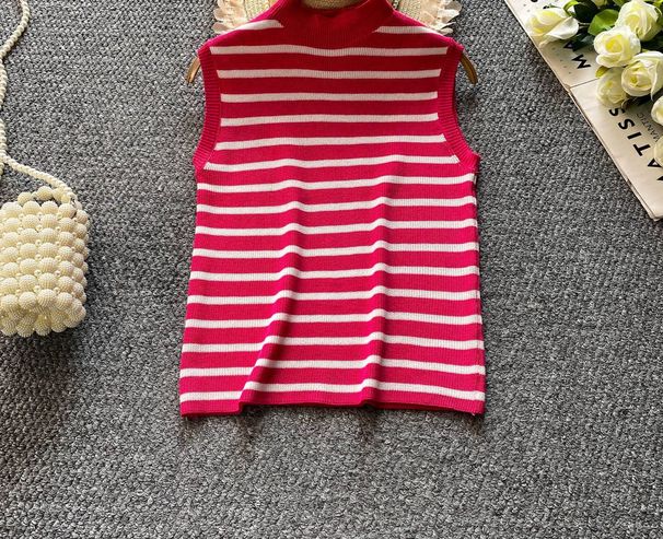 Women's Sweet Chic Striped Turtleneck Sleeveless Knit Top Versatile Loose Slimming Spring Summer Fashion_ecoleips.com