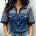 Women's Casual Loose Imitation Denim Patchwork Top With Turn Down Collar_ecoleips.com