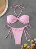 Women Pink Ditsy Floral 2 Piece Bikini Set Halter Tie Ruffle Edge Front Bow Side Tie High Cut Cheeky Bathing Suit Summer Beach Swimwear_ecoleips.com