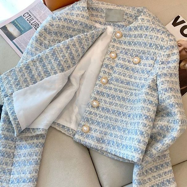 Elegant Blue Tweed Jacket For Women - French-Inspired Pearl Button Short Coat, Chic And Stylish_ecoleips.com