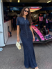 Elegant French Sequin Knit Maxi Dress Women Round Neck Cinched Waist Short Sleeve Button Detail Robe Summer Party Evening Gown_ecoleips.com
