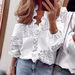 Women's Ruffle Hem Blouse With Lantern Sleeves, Oversized Casual Shirt, Solid & Floral Print Tops For Spring Summer_ecoleips.com