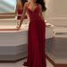 Women's Sexy Embroidery Splicing Solid Gown Fashion Pleated Slim Folded Party Dress Elegant Low-Neck Sleeveless Waist Long Dress_ecoleips.com