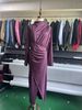 Spring New Arrival Women's Elegant Solid Color High Slit Pleated Slim Fit Long Sleeve Dress_ecoleips.com