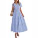 Elegant V Neck Long Dress For Women American Style Summer Waist Cinching Pleated Puff Sleeves Solid Color New 2026_ecoleips.com