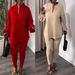 Women’s Clothing V neck lantern sleeves bottom slit shirt and trousers two piece set_ecoleips.com