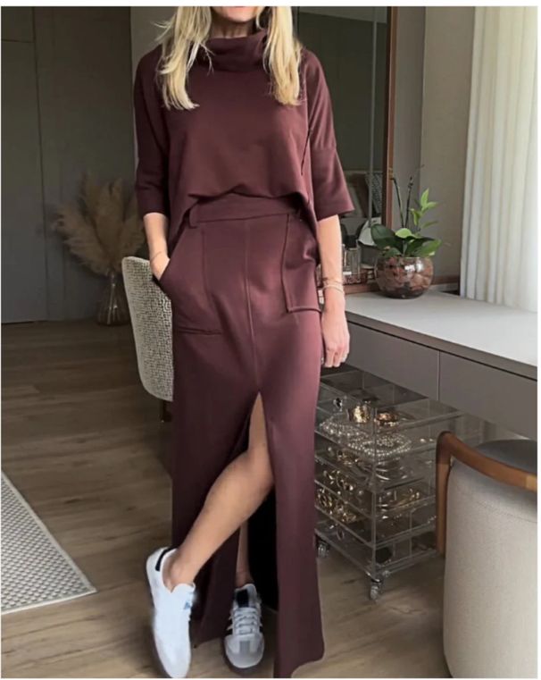 Women's Clothing New Women's Autumn And Summer Solid Color Casual Loose Casual Pocket Sweatshirt Straight Skirt Suit_ecoleips.com