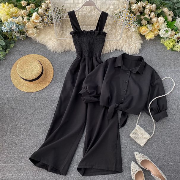 Women's Trend New Suspender Pleated Wide Leg Jumpsuit Stand Up Collar Short Sleeved Cardigan Shirt Two Piece Set_ecoleips.com