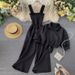 Women's Trend New Suspender Pleated Wide Leg Jumpsuit Stand Up Collar Short Sleeved Cardigan Shirt Two Piece Set_ecoleips.com