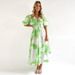 Summer Bohemian Long Dress Women's V Neck Printed Puff Sleeve Waist Defining Beach Dress European And American Style 2025_ecoleips.com