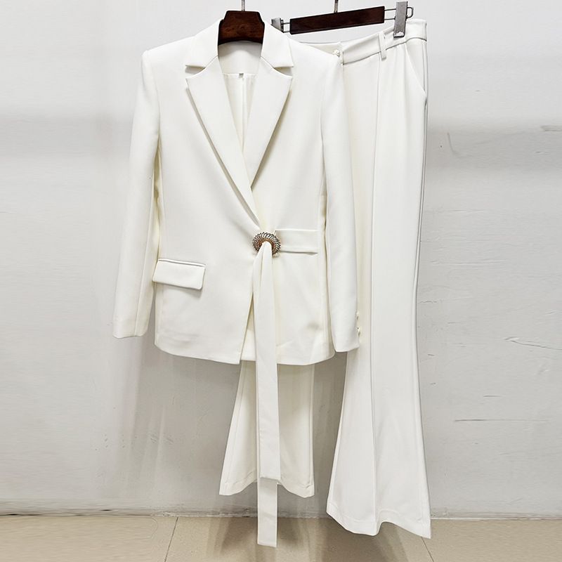 White Belted Suit Trousers Set Two Piece Celebrity Style_ecoleips.com