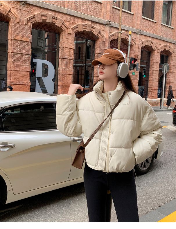Women's Clothing Short PU Leather Puffer Jacket With Stand Collar - Warm Quilted Down Alternative Coat For Petite Women (Black, White, Brown, Green)_ecoleips.com
