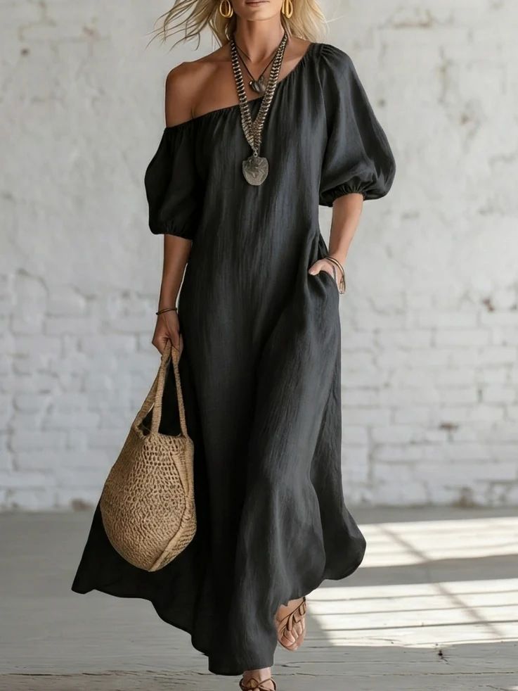 Summer Women's Off-the-Shoulder Dress Solid Color Loose Fitting High-End Retro Style_ecoleips.com
