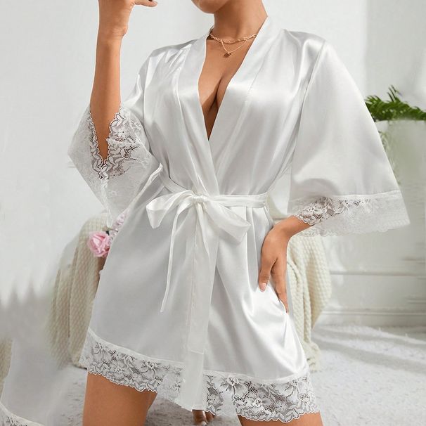 Aria Basics European And American Bridal Robe, Bridesmaid Gift, Long-sleeved Lace-trimmed Nightgown, Lace-up Home Casual Robe_ecoleips.com