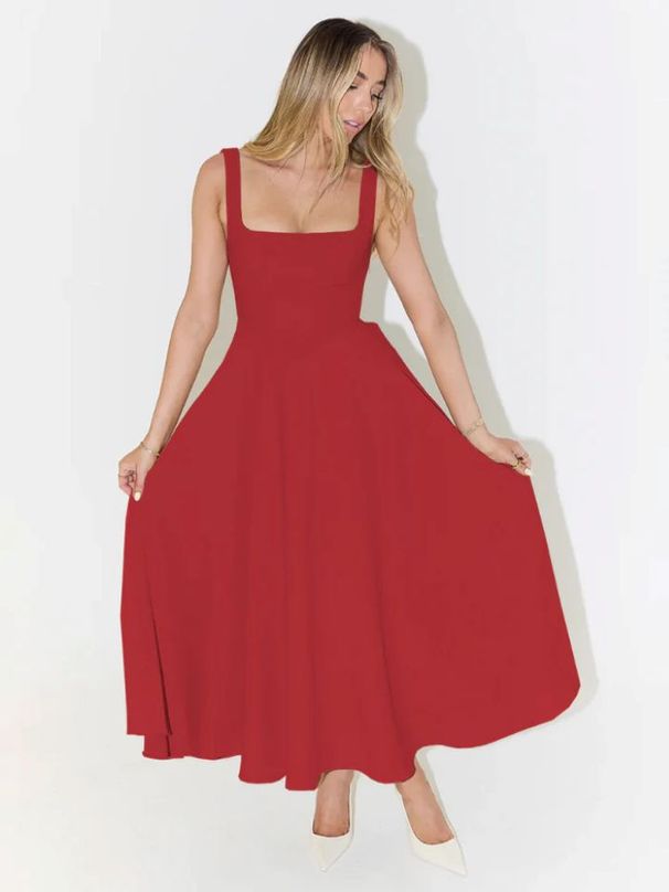 Women's Clothing Summer New Solid Color Square Collar Sleeveless Suspenders Long Fashionable Women's Dress_ecoleips.com