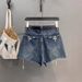 Dark Blue High-Waisted Washed Distressed Denim Shorts Women's Sexy Slimming Wide Leg Hot Pants Summer 2026 Arrival_ecoleips.com
