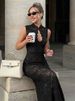 Fantoye Sexy Hollow Out Lace Jacquard Round Neck Split Women Maxi Dress Solid Sleeveless Winter Female Bodycon Elegant Vestidos_ecoleips.com