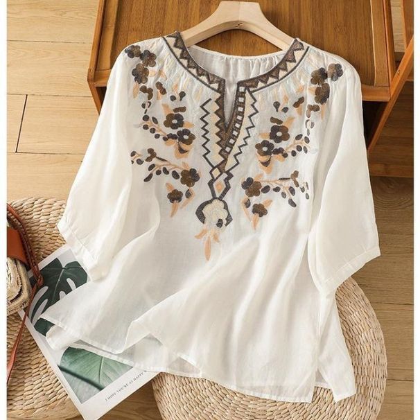 Women's Embroidered Cotton Linen Blend Pullover Loose Fit Casual Summer Shirt Retro Ethnic Literary Style Heavy Duty Top_ecoleips.com