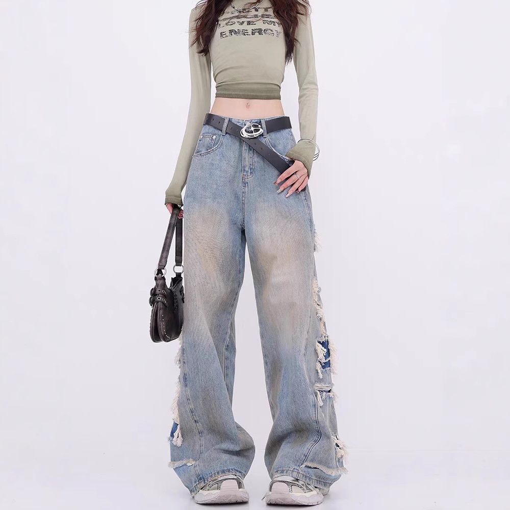 KENH Distressed Tassel Patchwork Ripped Jeans For Women, Loose-fitting, Slimming, Floor-length, High-waisted Wide-leg_ecoleips.com