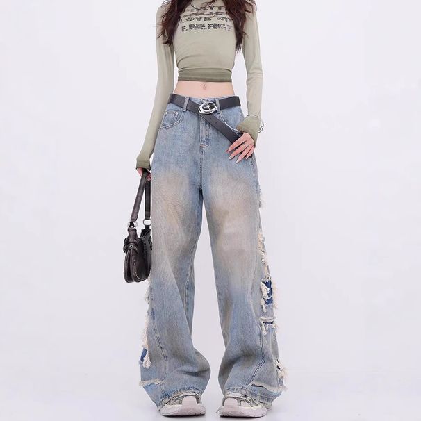 KENH Distressed Tassel Patchwork Ripped Jeans For Women, Loose-fitting, Slimming, Floor-length, High-waisted Wide-leg_ecoleips.com