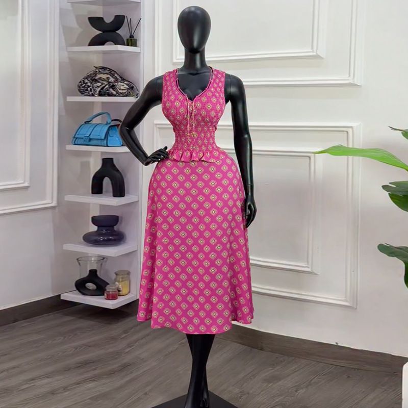 Women's Elegant V-Neck Printed Top And Skirt Set Sleeveless Tie Waist Spring Summer Thin Polyester_ecoleips.com