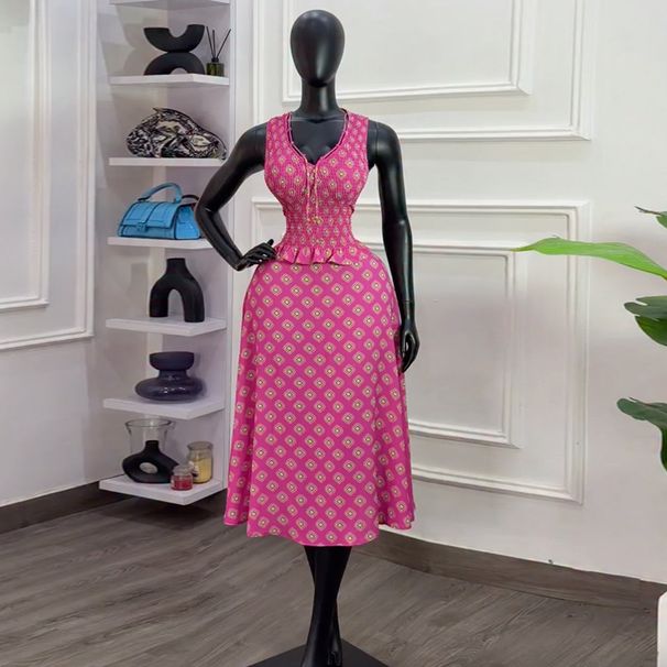 Women's Elegant V-Neck Printed Top And Skirt Set Sleeveless Tie Waist Spring Summer Thin Polyester_ecoleips.com
