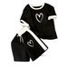 Women's Summer Fresh Two Piece Set Round Neck Short Sleeve Top And Shorts Color Block Design Black White Print 8010_ecoleips.com